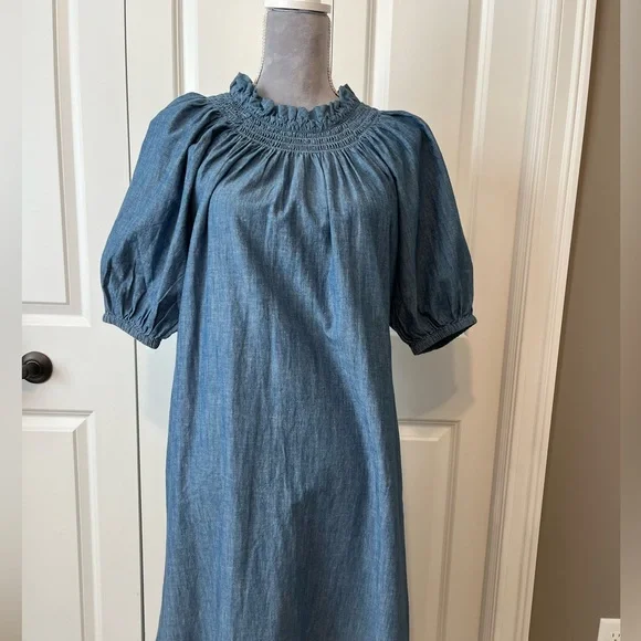 J. Crew Blue Denim Midi Dress with Smocked Neck - Picture 7 of 14